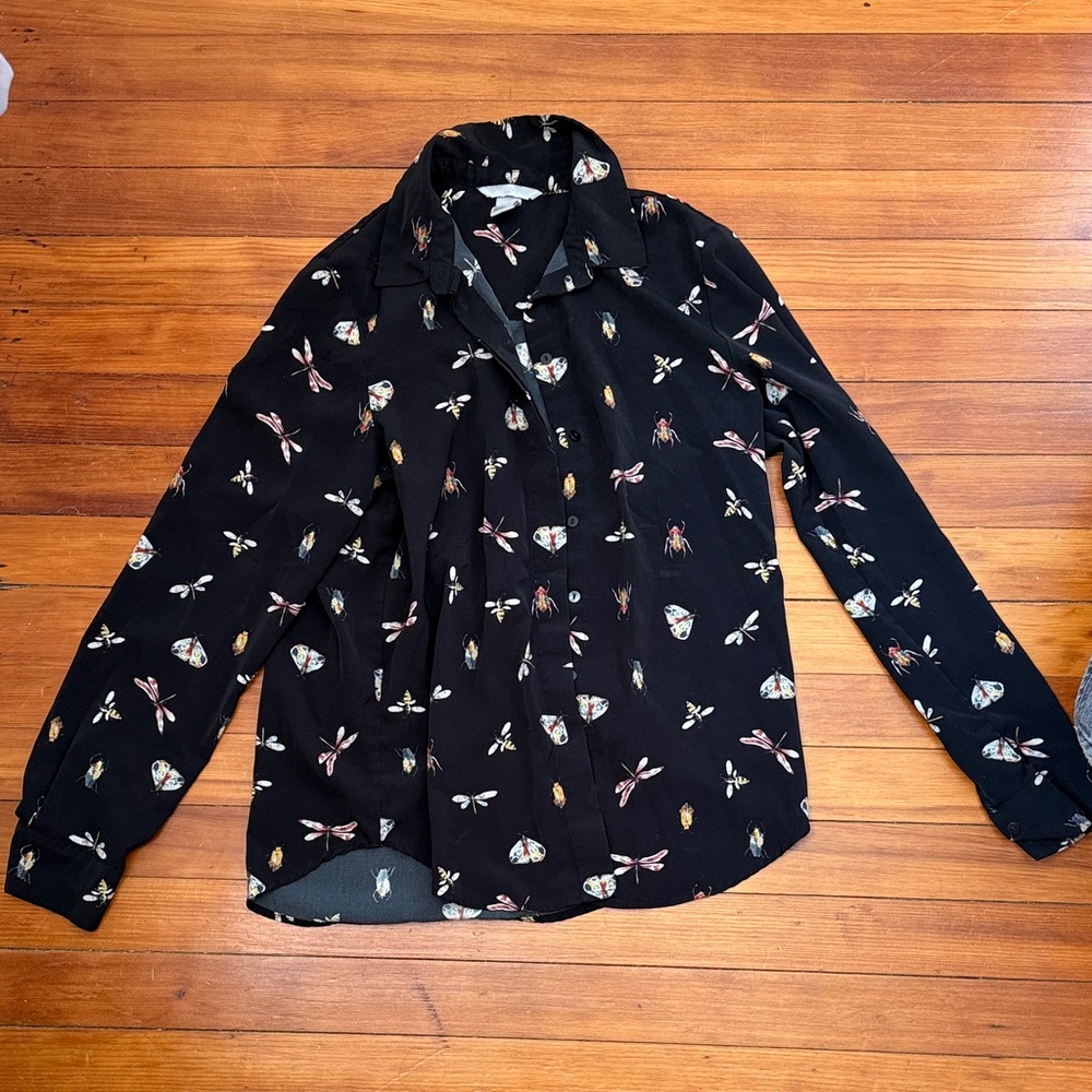 H&M Black Bee/dragonfly/moth Printed Long-Sleeve woman’s Shirt - Insect Print
